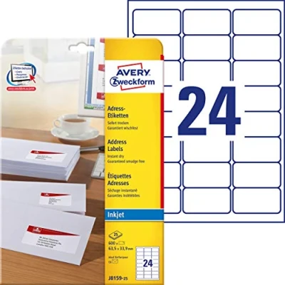 Bild av AVERY Specialform J8159 25 adressetiketter/adressetiketter (63,5 x 33,9 mm på DIN A4, tryckt, självhäftande, idealisk för C6 kuvert, pappersmatta, bläckstråleskrivare, 600 etiketter, ark) vit