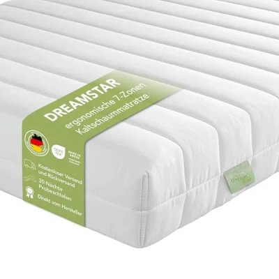 Bild av DREAMSTAR Easy Flex ergonisk 7 zons kallskummadrass Öko Tex certifierad Hårdhetsgrad 2 och 3 (H2 &amp; H3) Rullmadrass 13 cm Tillverkad I EU 80 x 190