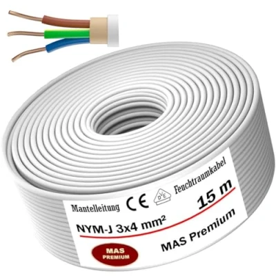 Bild av MAS Premium från 5 till 100 m våtrumskabel, strömkabel, mantelkabel, NYM J 3 x 4 mm², elkabel, ring för fast installation (15 m)