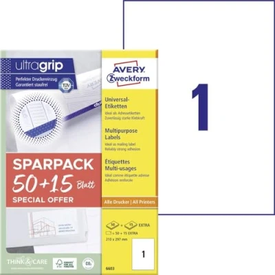 Bild av AVERY Zweckform 6603 universella etiketter (50 plus 15 extra självhäftande etiketter, 210 x 297 mm på A4, matt papper, tryckbara fraktetiketter, fraktklistermärken med ultragrepp) 65