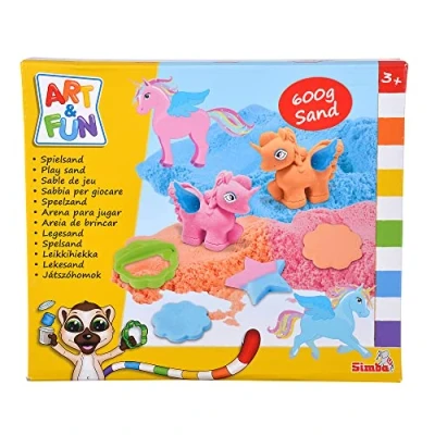 Bild av Simba 106344622 Art &amp; Fun Lek sand Set Enhörning med Från Fun, Innehåller 3x200g Sand, Enhörningsform, Vingar, Klistermärke och Fler Tillbehör, 3 år