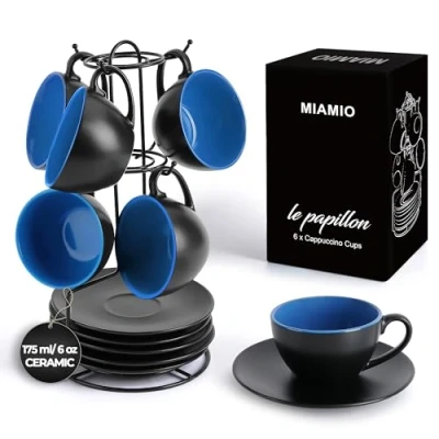 Bild av MIAMIO 6 x 175 ml Cappuccinokoppar/Cappuccinokoppar Set Utsidan Svart Insida Färgad Le Papillon Collection (Blå)