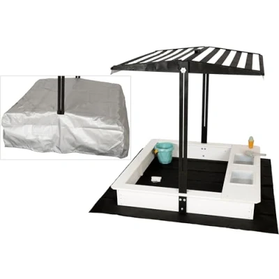 Bild av Wondermake® Design sandlåda med lerkök, tak, skydd Oxford 420D, fleecefolie, sandlåda, trä, kvadratisk, stängbar, utomhus, trädgård för barn, svart, vit