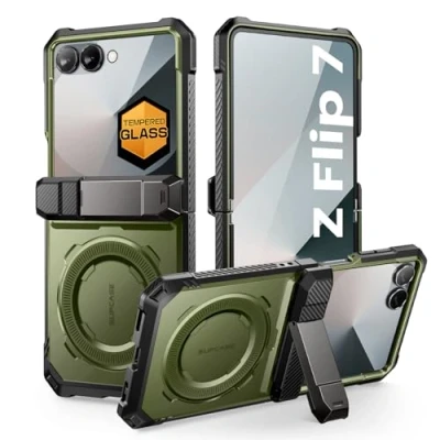 Bild av SUPCASE Fodral för Samsung Galaxy Z Flip 7 med stöd och Härdat glasskärmskydd [Kompatibelt MagSafe] [Skydd Gångjärn] Genomskinligt Militärgradigt Skydd på Baksidan (Grön)