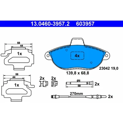 Bild av ATE 13.0460 3957.2 Jeu de plaquettes frein contact signal d&#039;usure inclus avec accessoires PEUGEOT: Expert I Van, I, 806