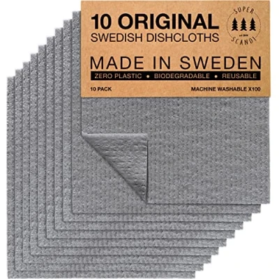 Bild av SUPERSCANDI Svenska disktrasor, miljövänliga, återanvändbara, hållbara, biologiskt nedbrytbara cellulosasvampdukar för köket, tvättdukar, ersättning hushållspapper (10 pack grå)