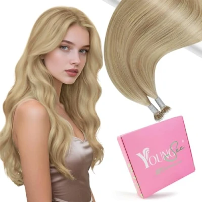 Bild av YoungSee blonda nano hårförlängningar mörk askblond belyser gyllene blond äkta hår pärla mänskligt förlängningar ring hårförlängning reflektioner 45 cm 50 g