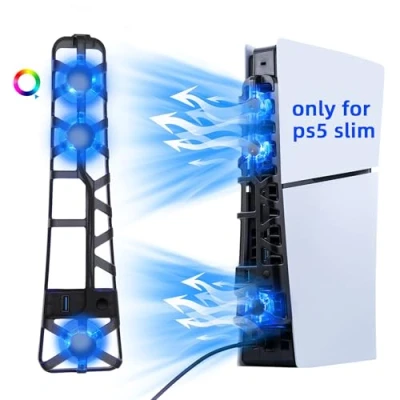 Bild av Mcbazel PS5 Slim Kylfläkt RGB Ljus med 3 Kylare Snabb Värmeavledning, Stödjer Intelligent Temperaturkontroll/Konstant Kylning Kompatibel Playstation 5 DE/UHD Spelkonsol Svart