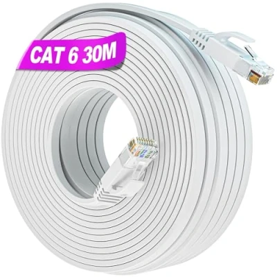 Bild av 30m Ethernet Kabel Cat 6, Internetkabel 30 m LAN Höghastighetskabel Meter Gigabit Extra Lång Nätverkskabel Platt Cat6 Patch vit Smal RJ45 Kompatibel med Cat5/5e för Modem Router