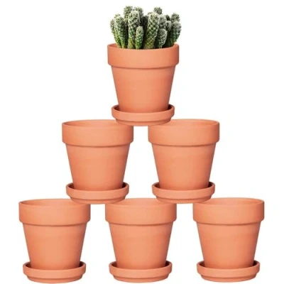 Bild av Terrakottakrukor med fat 6 pack lerkrukor, 12,7 cm, keramikkruka för kaktus, suckulenter eller blommor, dräneringshål, perfekt växter, hantverk och bröllopspresent.