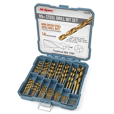 Bild av Hi Spec 99 delar multiborrsats. HSS titan stålbitar för metall, trä och plast. 14 storlekar från 1 mm till 10 mm. Komplett i ett förvaringsfodral
