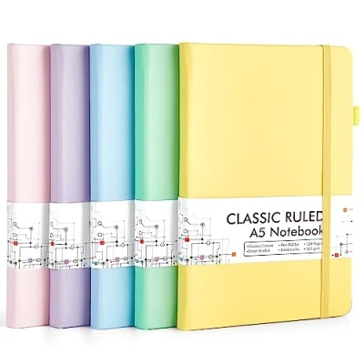 Bild av feela 5 pack A5 anteckningsböcker multipack, linjerade fodrade anteckningsblock (120 GSM), inbunden journal anteckningsbok med svarta gelpennor för arbete, studie, skola, 128 sidor/förpackning,