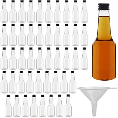Bild av Belle Vous Mini Likörflaskor (48 Pack) Återanvändbara Plast 100 ml Tomma Vätskeflaskor med Svart Skruvkork, Vätsketratt för Enkel Hällning, Fyllning Flaskor Bröllop &amp; Fester