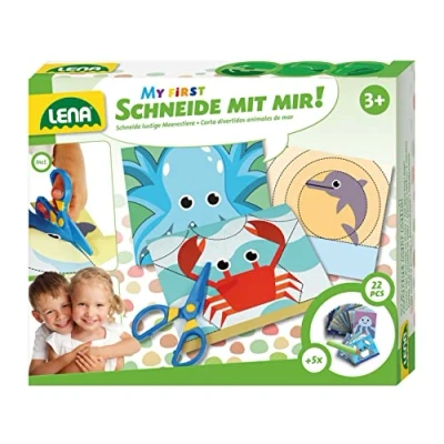Bild av Lena 42632 My First Craftset skär med mig havsdjur, komplett set plast barnsax, 26 roliga djur att klippa ut och måla, pysselset målningsset för barn från 3 år, medium