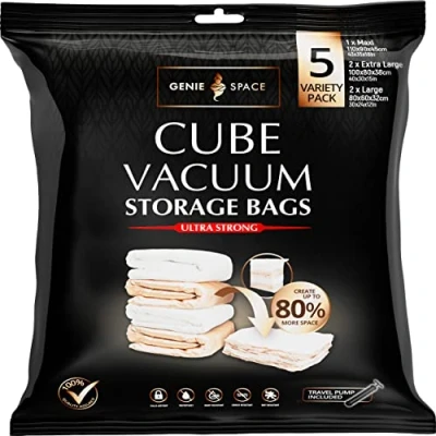 Bild av GENIE SPACE Vakuumpåsar Otroligt Starka Premium Kubformade för Kläder, Handdukar, Sängkläder, Täcken med mera Variation 5 (1MX+2XL+2L) 80% mer utrymme