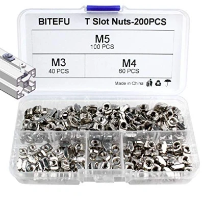 Bild av BITEFU 200 stycken T mutter spårsten M3/M4/M5, hammarhuvud, fästmutter 20 serie spårmuttrar sortiment, set för aluminiumprofil