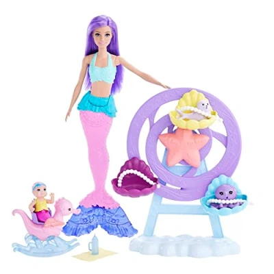 Bild av Barbie sjöjungfrudocka Sjöjungfruleksaker lila hår Rosa och stjärt Omvårdande lekset Sjöjungfrubebis, säl tillbehör, HLC30