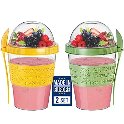 Bild av CRYSTALIA Återanvändbara yoghurtkoppar med lock, 2 st 600 ml 100 % BPA fri frukost på språng koppar topping spannmål havregrynsgröt, diskmaskinssäker, yoghurtkrukor över natten havre lunchlåda
