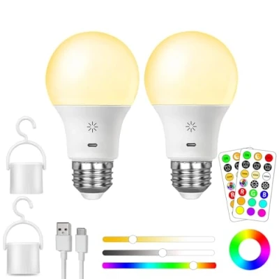 Bild av Usb C Uppladdningsbar Batteri Glödlampa Med Fjärrkontroll, E27 Smart RGB Färgskiftande Glödlampa, 9+3 Färgtemperaturer, 8W LED Dimbar Touch Kontroll Lampa Timing Funktion, 2600mah, A19,2 pack