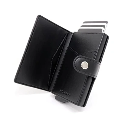 Bild av Stealth Wallet RFID Korthållare Plånbok Smart Minimalistisk Pop Up Plånböcker med Presentlåda Slim Lättviktiga Metalkorthållare för Män &amp; Kontaktlös Beskyddare (Svart Läder, ID Ficka)
