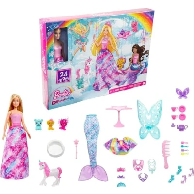 Bild av Dreamtopia Fairy Tale Adventskalender med Barbie docka och 24 överraskningar, inklusive älvdräkter, djur tillbehör, julklapp för barn från 3 år uppåt, HGM66, Flerfärgad