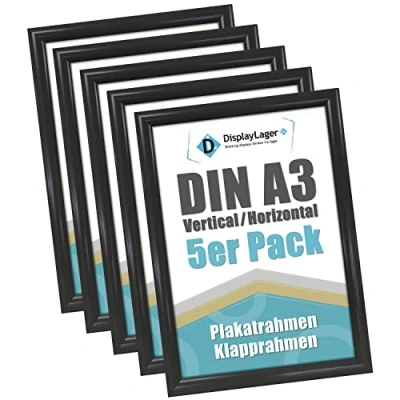 Bild av DisplayLager Snäppramar Affischramar med 25mm aluminiumsprofil i silver inkl. reflektionsskydd och fästmaterial växla ram/affischram/bildram… (A3 (5 stycken), Svart)