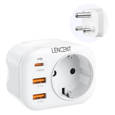 Bild av LENCENT Reseadapter Sverige/EU till Sydafrika Adapter, Typ M Travel Adapter Snabb Laddning Plug med 2 USB QC3.0 + 1 C PD 20W, Socket Strömadapter för Sydafrika, Namibia, Botswana Uttag