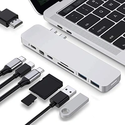 Bild av 8 i 1 MacBook Pro multiportadapter USB typ C hub 2X till 4K HDMI, mini displaykort, USBC, SD, MicroSD, A 3.1 av Hyperdrive Silver