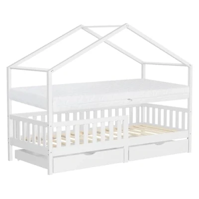 Bild av ML Design barnsäng hussäng 90x200 cm vitfärgad med madrass 16 cm, träsäng 2 lådor, fallskydd ribbotten och tak leksäng för barn Montessori golvsäng sängram lekfullt husbädd junior säng barnrum