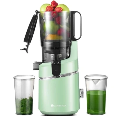 Bild av AMZCHEF Automatisk allt i ett juicepress, 135 mm öppning och 1,8 liters juicepress för grönsaker frukt, 250 W Slow Juicer Testvinnare med trippelfilter grön