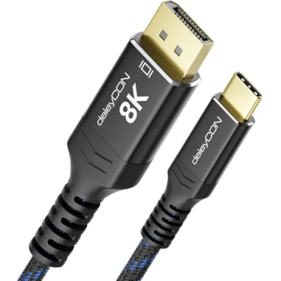 Bild av deleyCON 2m 8K USB C till DisplayPort 1.4 Kabel 8K@60Hz 4K@120Hz med Aluminiumkontakt och Nylonkabel Kompatibel Thunderbolt 3/4 Mobiltelefon Smartphone Surfplatta PC Dator Svart Blå