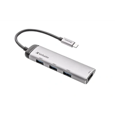 Bild av Verbatim USB C multiporthub, adapter tillverkad av högkvalitativt aluminium för bärbara datorer, MacBooks och smartphones, multimediaadapterkontakt med fyra 3.2 Gen 1 portar, silver