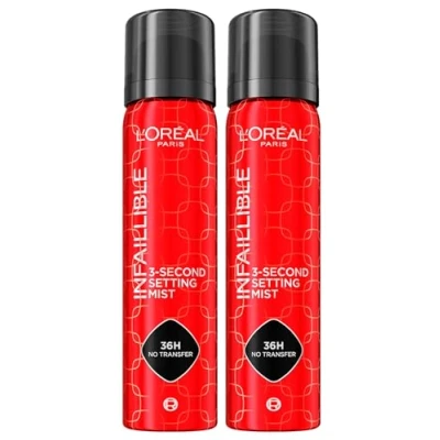 Bild av L&#039;Oréal Paris Infaillible Spray Ansiktsmakeup 3 Second Inställning Mist 36H Ingen Transfer Vattentät Lätt Snabbtorkande Formel Svett och Vattenbeständig 2 x 75 ml Flaskor