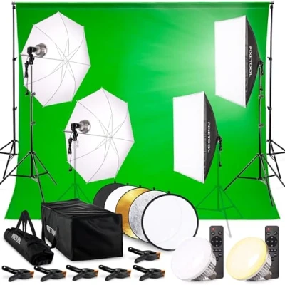 Bild av PIXETOOL Fotostudio Set Greenscreen (3 x 3 m) Med Stativ Studio Softbox Lampor Fotobakgrund Green screen Reflektor Gaming Streaming Fotografi Tillbehör