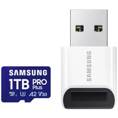 Bild av Samsung PRO Plus (2024) microSD kort USB kortläsare, 1 TB, UHS I U3, Full HD &amp; 4K UHD, 180 MB/s läsning, 130 skrivning, minneskort för smartphone, actionkamera, handhållen konsol, MB MD1T0SB/WW