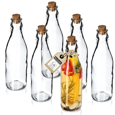 Bild av KADAX Universell flaska med kork, set om 6, genomskinliga glasflaskor korkpluggar, oljekaraff, glasbehållare, oljeflaska, vinägerflaska för fyllning (225 ml, 6 stycken)