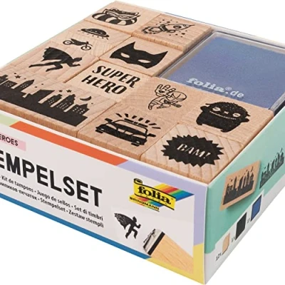 Bild av folia 31103 Superheroes trästämpelset, inklusive 12 trästämplar och 2 stämpelkuddar perfekt för att dekorera kort, vänskapsböcker, bokstäver scrapbooking