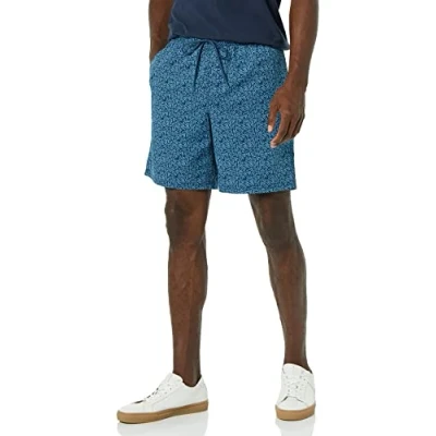 Bild av Amazon Essentials herr dragsko promenadshorts (finns i plusstorlek), marinblå palmbladtryck, liten