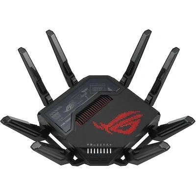 Bild av ASUS ROG GT BE98 Wi Fi 7 spelrouter fyrfaldigt band 25 Gb/s genomströmning ny bandbredd 320 MHz och 4096 QAM, dubbel 10G port, trippel spelaccelerator, gratis nätverkssäkerhet, AiMesh