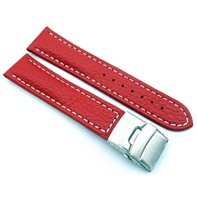 Bild av Sulla Klockband äkta läderarmband med vikspänne i rostfritt stål vit söm, röd, 22mm, Rem