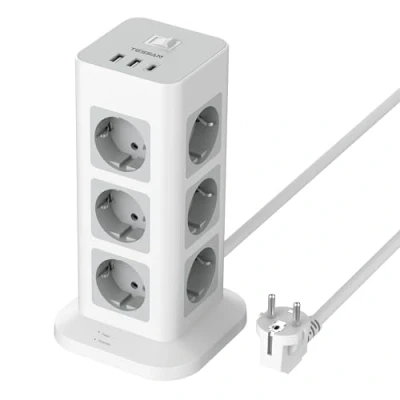Bild av TESSAN 12 uttag grenuttag med USB C, strömuttag 2 M kabel, multiuttag A och 1 överbelastningsskydd, 3 600 W, grå