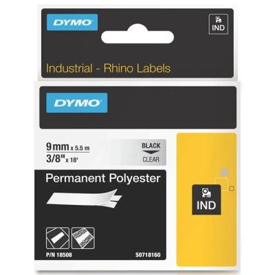 Bild av Industriella, permanenta DYMO Rhino polyesteretiketter 9 mm x 5,5 m Svart text på genomskinlig tejp Självhäftande För LabelManager och etikettskrivare