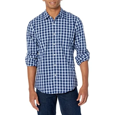 Bild av Amazon Essentials mäns Slim Fit långärmad poplin skjorta, marinblå vit pläd, X Large