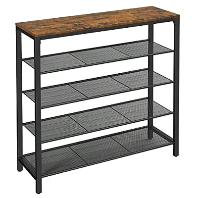 Bild av VASAGLE Skorack, skoförvaring med 4 meshhyllor och stor yta för väskor, skoorganisator hall, garderob, vardagsrum, 100 x 30 92,5 cm, industriell, rustikbrun svart LBS15BX