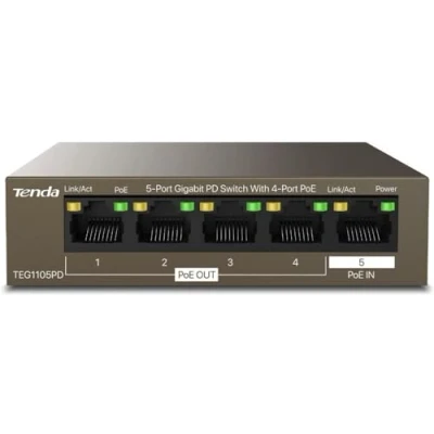 Bild av Tenda TEG1105PD, Gigabit PoE omkopplare med 5 portar 4 @30 W, ohanterad hemnätverksbrytare, Ethernet splitter, ingen strömadapter krävs, paket utan strömadapter, begränsat livstidsskydd