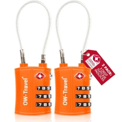 Bild av OW Travel TSA Godkänd Kabellås (Orange 2 pack) 3 siffrig kod Lås Säkerhet Ryggsäck Hänglås Resväska, lås, Kombinationslås med Kabel resväska Gymskåp,