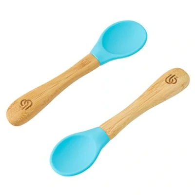 Bild av bamboo ® Baby avvänjningsskedar set med 2 Bambu mjuka silikonspetsar Ergonomiska handtag enkelt grepp BPA fri (set 2, blå)