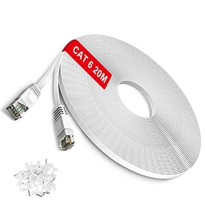 Bild av TBMax Cat6 Ethernet kabel 20 m lång, platt internetkabel hög hastighet Gigabit RJ45 Lan nätverkskabel OFC kompatibel med Cat5/Cat5e/Cat7 kablar, vit