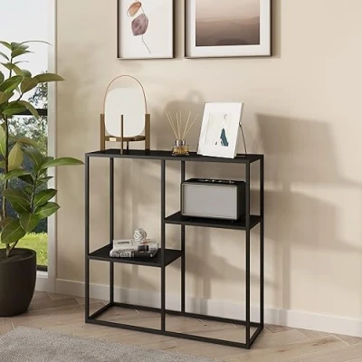 Bild av En.casa] Konsolbord Strömstad med 3 hyllor metallram hallbord sidobord 80 x 26 cm för vardagsrum och sovrum kontor svart