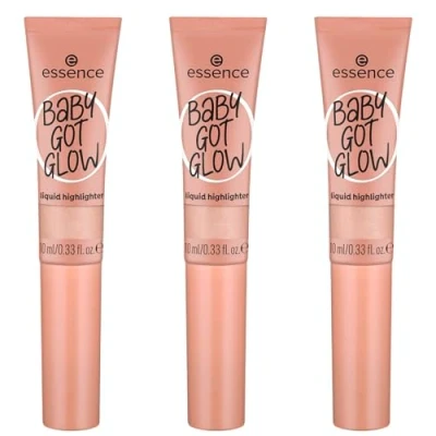 Bild av essence BABY GOT GLOW flytande highlighter, nr 10, guld, definierande, expressresultat, lätt att ta bort, glänsande, vegansk, oljefri, utan parabener, mikroplastiska partiklar, 3 pack (3 x 10 ml)